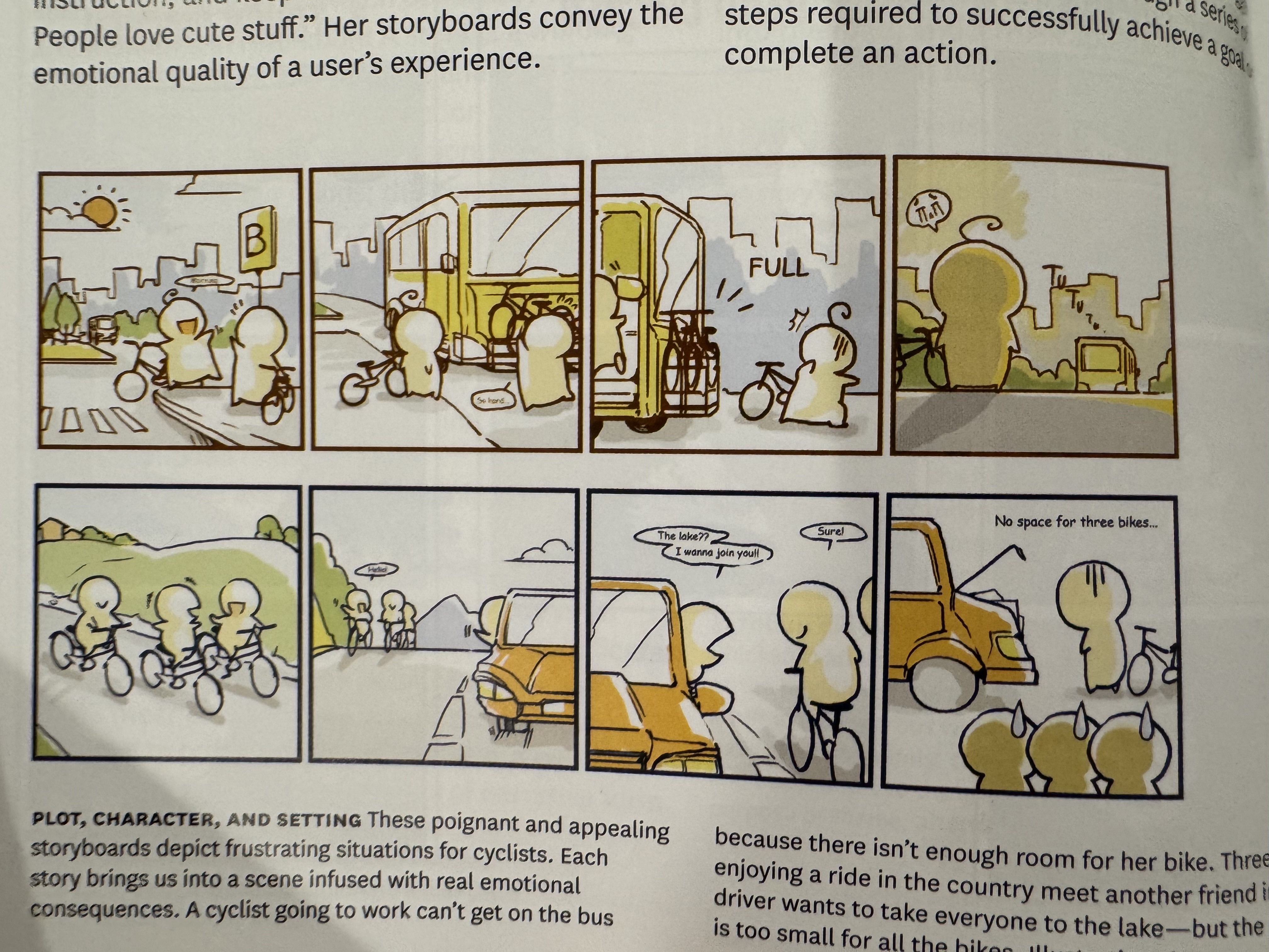 Drawings of stick figures depict bike riders struggling to deal with situations where there isn't enough room to take their bikes onto a bus or into a friend's car.